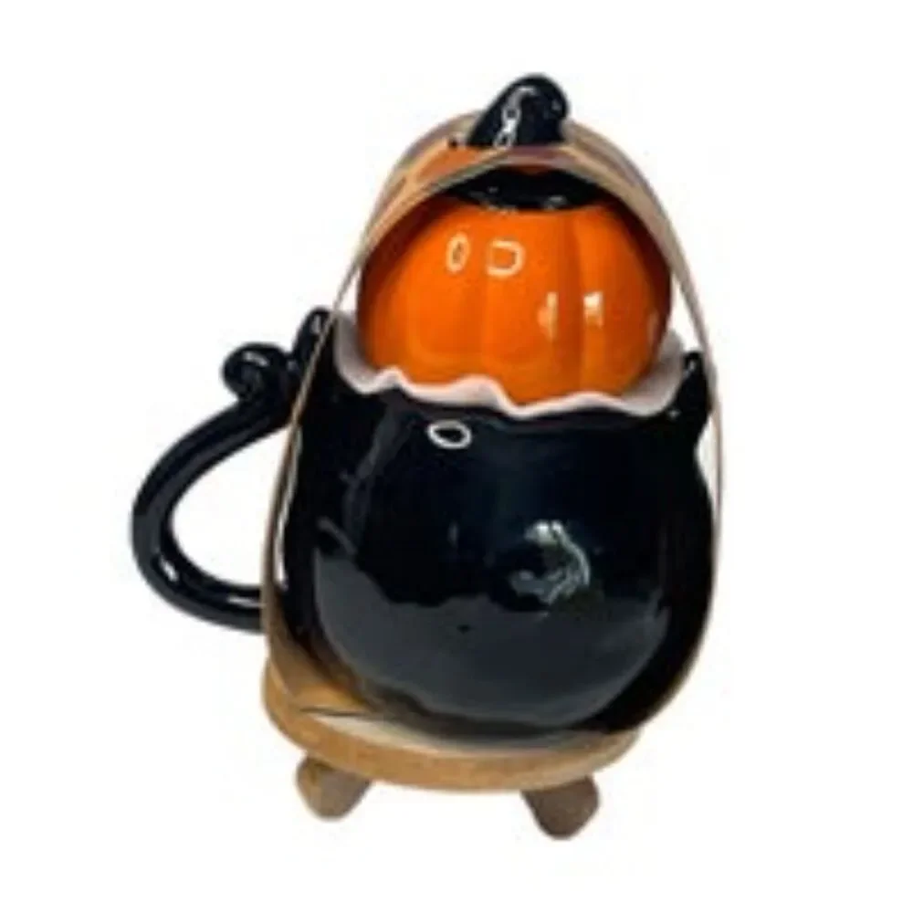 Halloween Ceramic Black Cat Mug w Jack ‘O Lantern Lid by Spooky Season